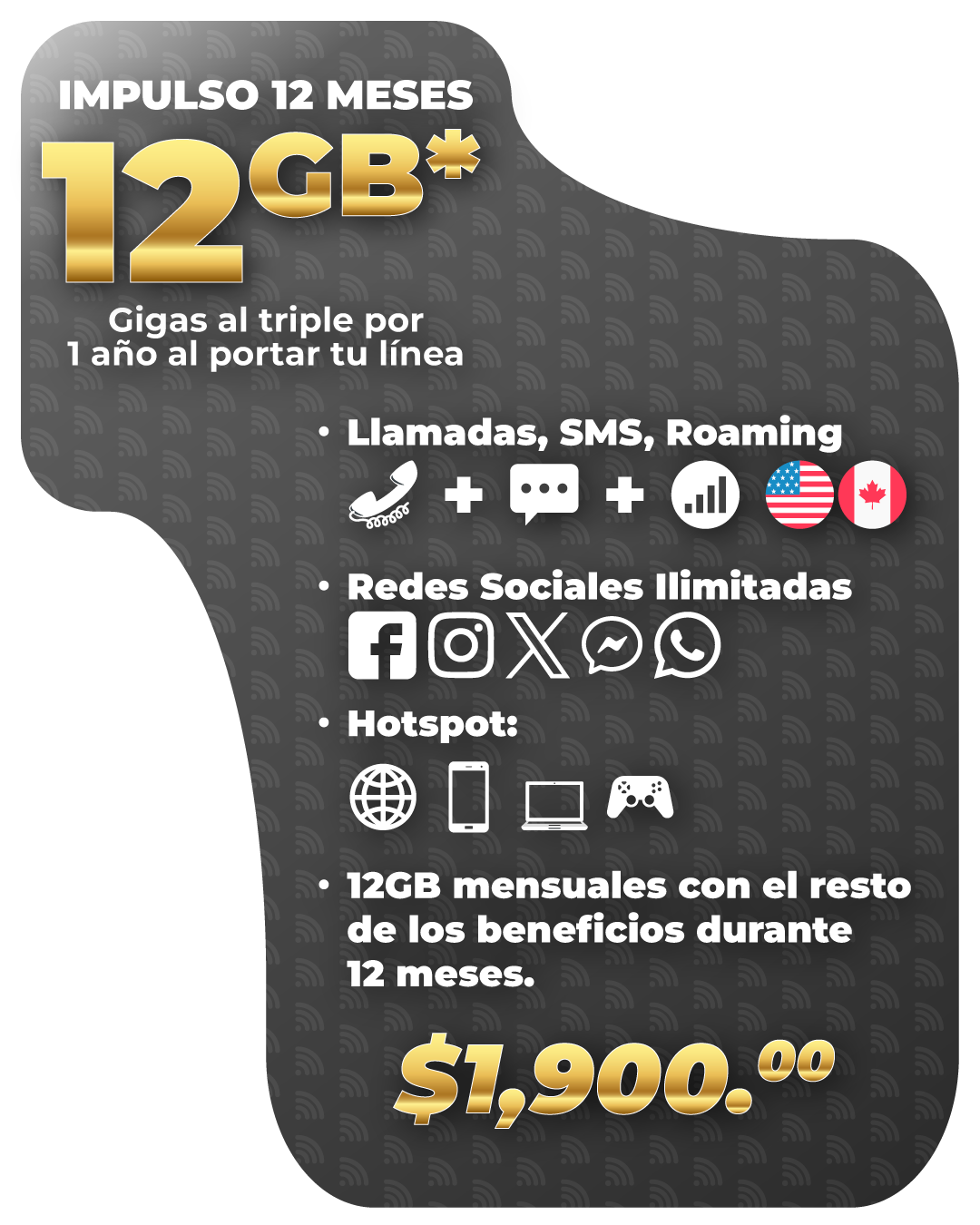 Disfruta de 45,450 minutos de llamadas en total, que incluyen 43,200 minutos con el mismo operador, 1,500 minutos nacionales y 750 minutos válidos en uso nacional o en roaming (EE. UU. y Canadá); 12 GB de datos para compartir internet, divididos en 9.83 GB para navegación nacional y 2.458 GB válidos en uso nacional o en roaming; 3,500 SMS en total, desglosados en 3,000 SMS nacionales y 500 SMS válidos en uso nacional o en roaming; y 105.4 GB exclusivos para redes sociales, que incluyen 102.4 GB nacionales y 3 GB para uso en roaming (WhatsApp, X, Instagram, Facebook, Messenger, Snapchat y Telegram). Vigencia: Renovable. 30 dias
