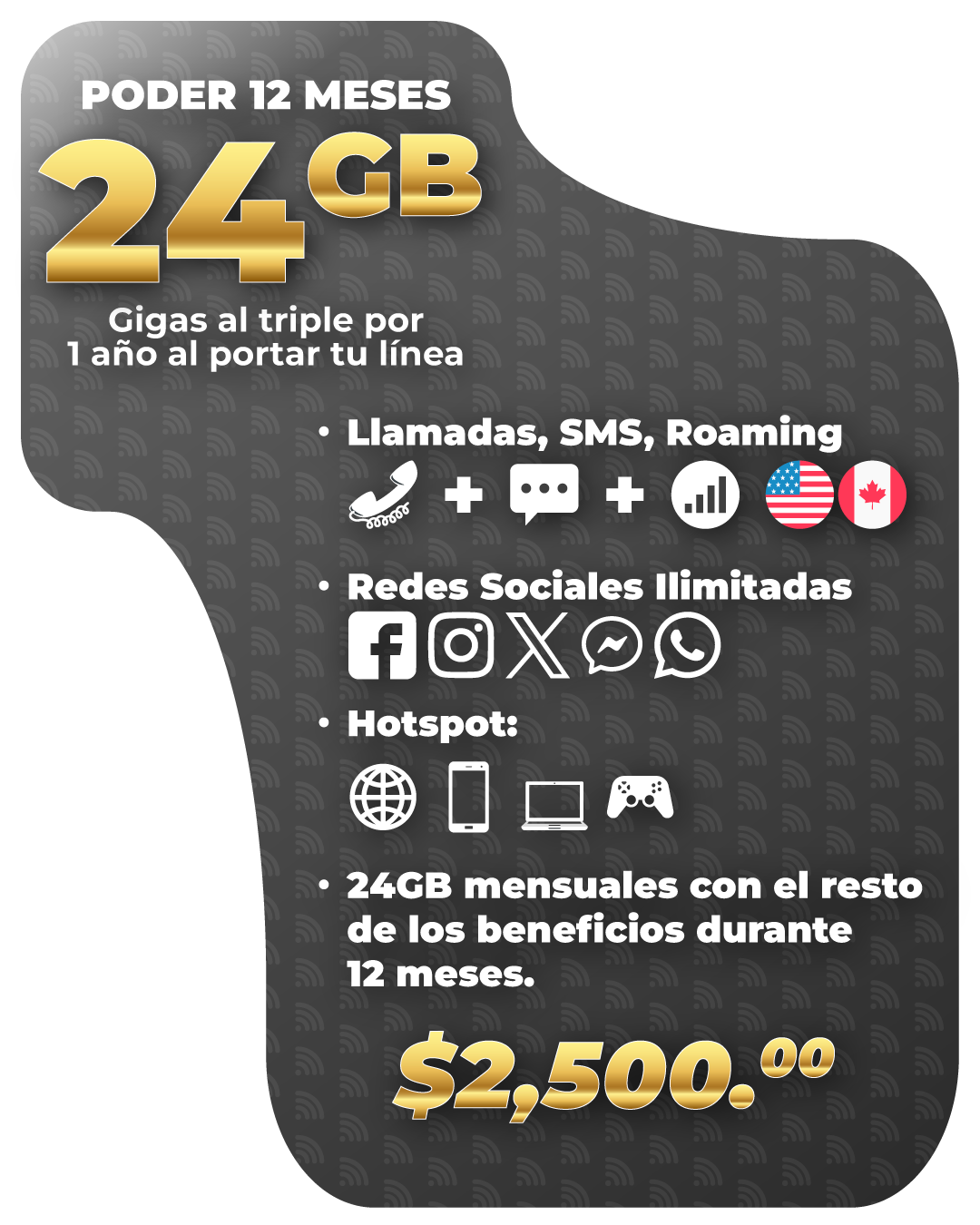 Disfruta de 45,450 minutos de llamadas en total, que incluyen 43,200 minutos con el mismo operador, 1,500 minutos nacionales y 750 minutos válidos en uso nacional o en roaming (EE. UU. y Canadá); 24 GB de datos para compartir internet, divididos en 19.66 GB para navegación nacional y 4.92 GB válidos en uso nacional o en roaming; 3,500 SMS en total, desglosados en 3,000 SMS nacionales y 500 SMS válidos en uso nacional o en roaming; y 105.4 GB exclusivos para redes sociales, que incluyen 102.4 GB nacionales y 3 GB para uso en roaming (WhatsApp, X, Instagram, Facebook, Messenger, Snapchat y Telegram). Vigencia: Vigencia: Renovable. 30 dias